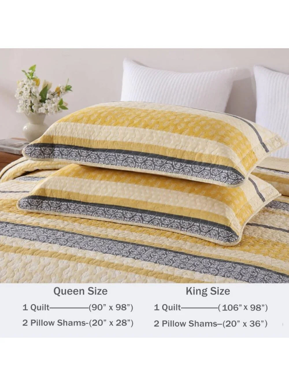 Lightweight Queen Quilt Bedding Set - Yellow Black Grey Striped Comforter, 3